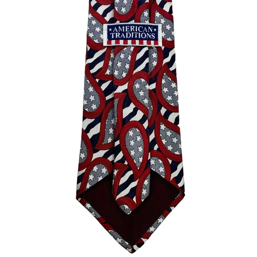 American Traditions Necktie Italian Silk Red White Blue Paisley Stars Patriotic